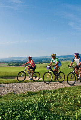 Eine entspannte Fahrradtour rund um Bad Birnbach auf einem Schotterweg mit Blick auf weite Felder und wolkigen Himmel.